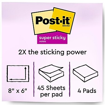 Post-it® Super Sticky Notes, 8" x 6", Energy Boost Collection, Lined, 45 Sheets/Pad, 4 Pads/Pack (6845-SSPL)