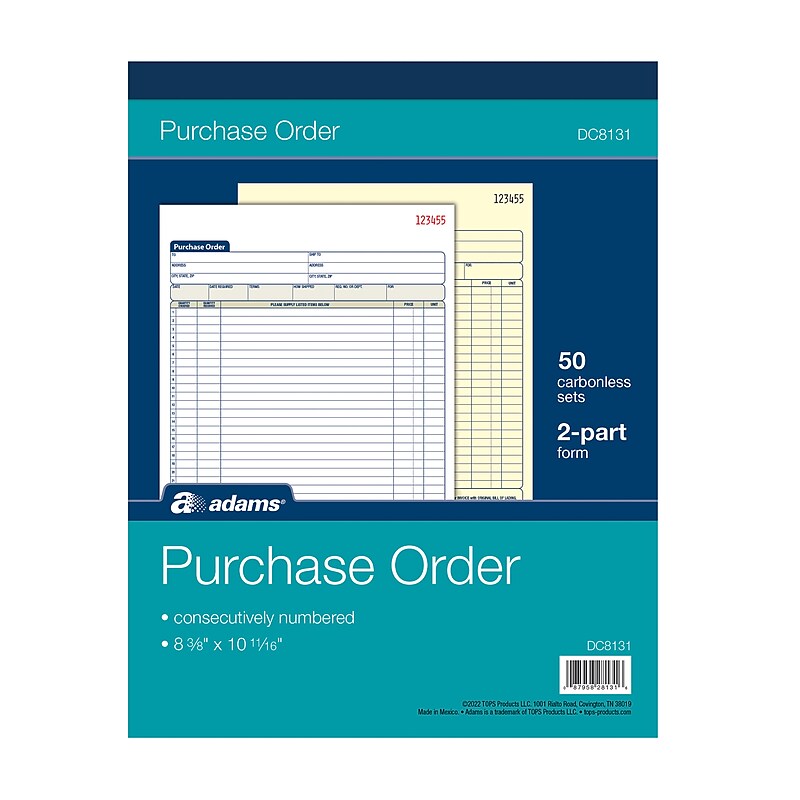 Adams 2-Part Carbonless Purchase Order, 8 3/8" x 11 7/16", 50 Sets/Book (DC8131) image 1