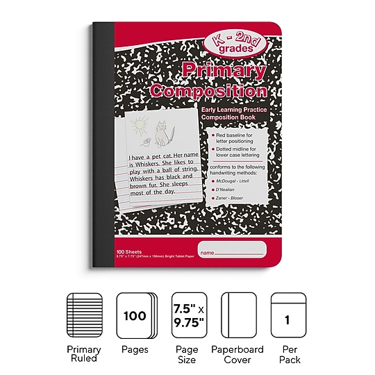 STAPLES Primary Composition Notebook, 7.5” x 9.75”, Primary Ruled, 100 Sheets, Marble Cover~#|#~93C98012-F6CC-4BDA-818500009BF861D5_sc7