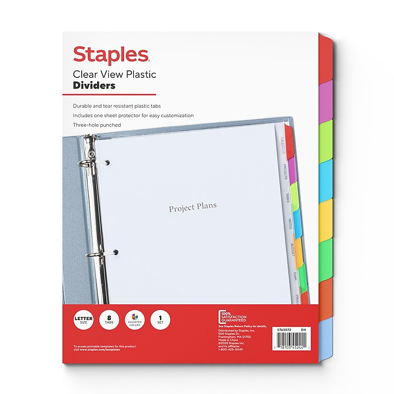 Staples View Plastic Dividers, Multicolor, 8-Tabs (ST63072) image 1
