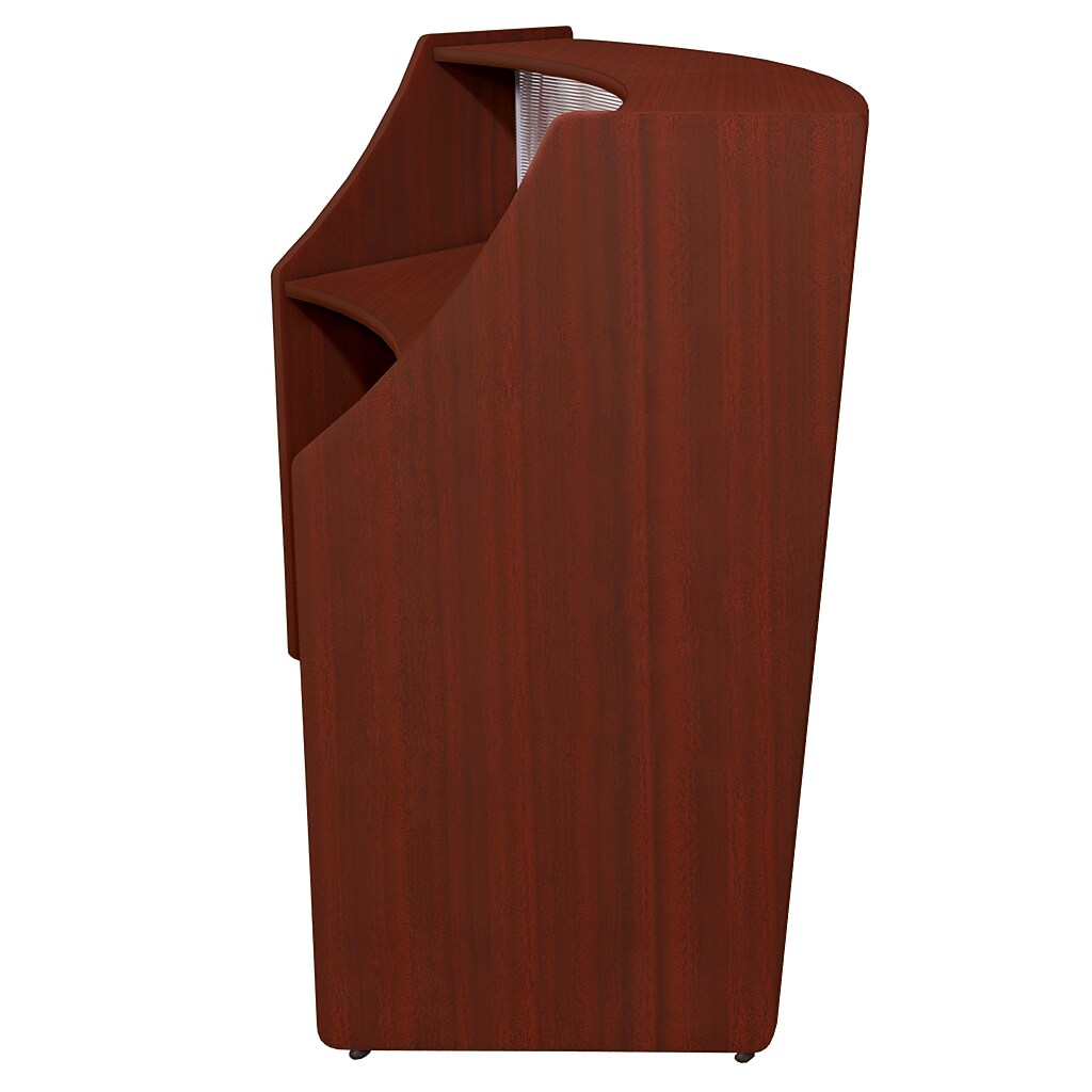 side view of the curved reception desk with top shelf