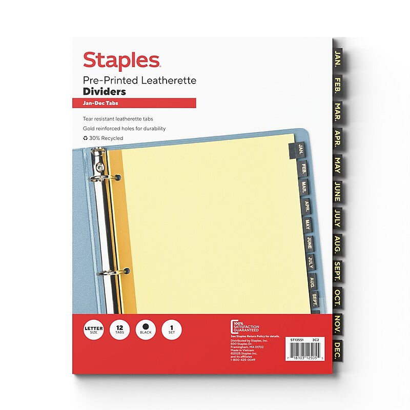 Staples Pre-Printed Monthly Leatherette Index, Black  (13551/11484) image 1