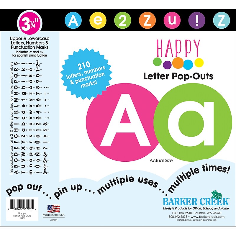 Barker Creek Happy  3.25" Letters and Numbers, Multicolored, 210/Pack (1721) image 1