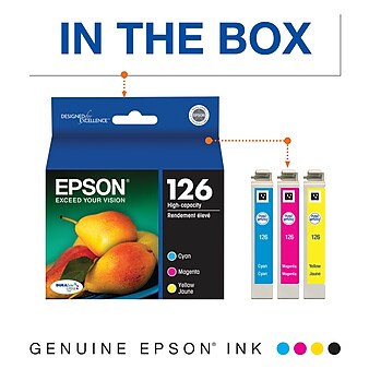 Epson T126 Cyan/Magenta/Yellow High Yield Ink Cartridge, 3/Pack (T126520-S)