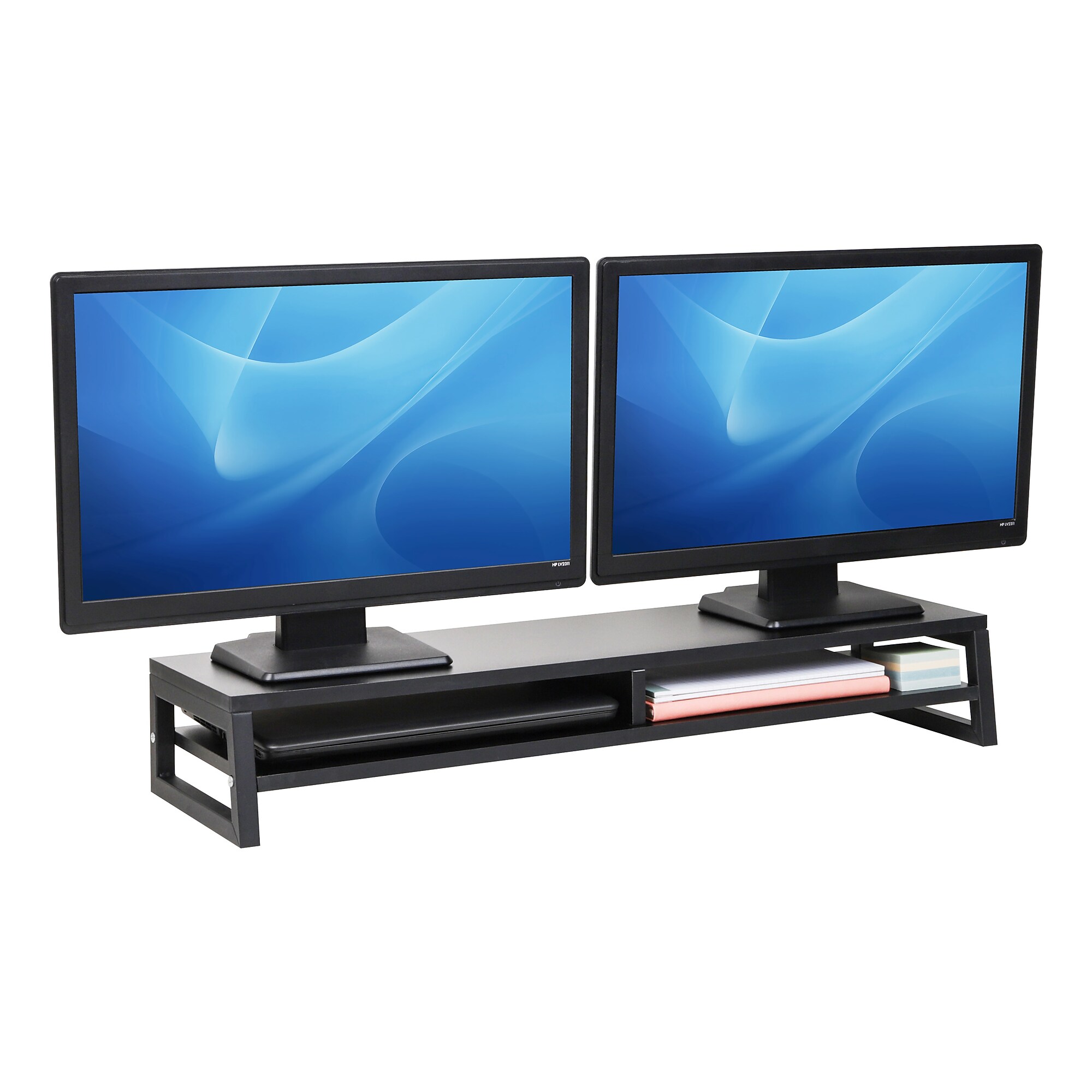Mind Reader 2-Tier MDF Double Monitor Stand, Dual Screen Riser with Storage Shelf, Up to 88 lbs., Black (DBMONMDF-BLK) Simolary simolary.com
