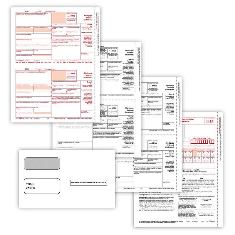 ComplyRight 2024 1098 Tax Form Envelopes, 3-Part, 2-Up, Copies A, B, C and/or State, 10/Pack (6108E10) image 1