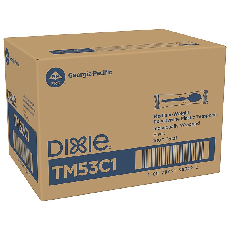 Dixie Individually Wrapped Polystyrene Tea Spoon, Medium-Weight, Black, 1000 Pieces/Carton (TM53C1) image 1