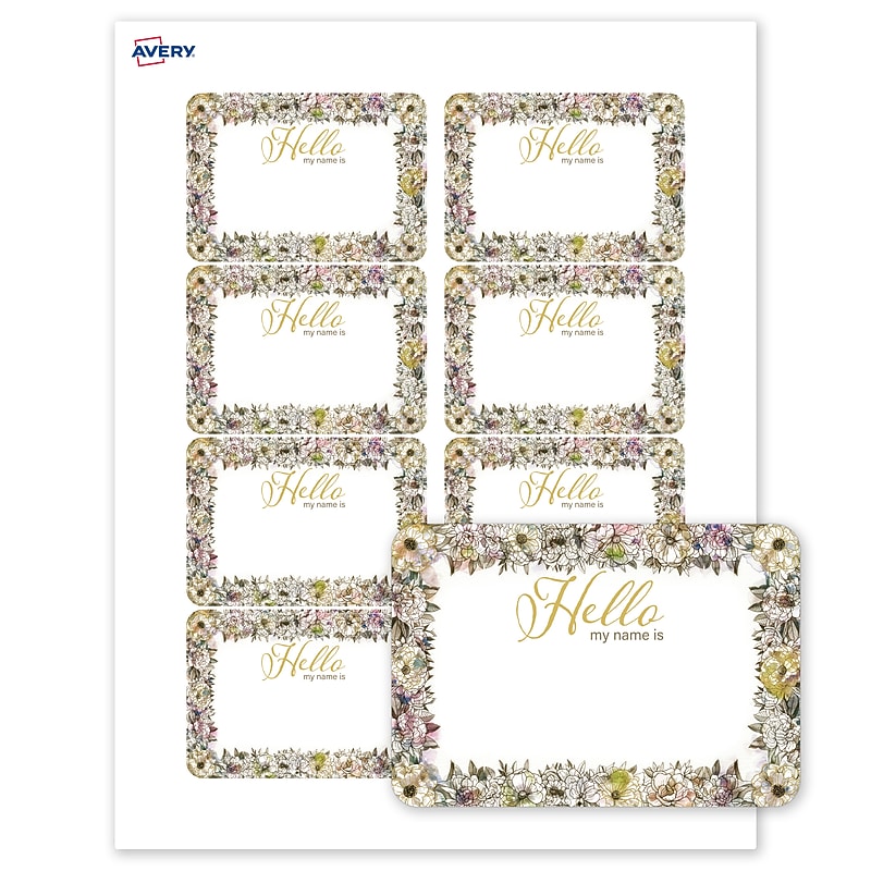 Avery Adhesive Name Tags, Pre-printed Floral Gold Hello Design image 1
