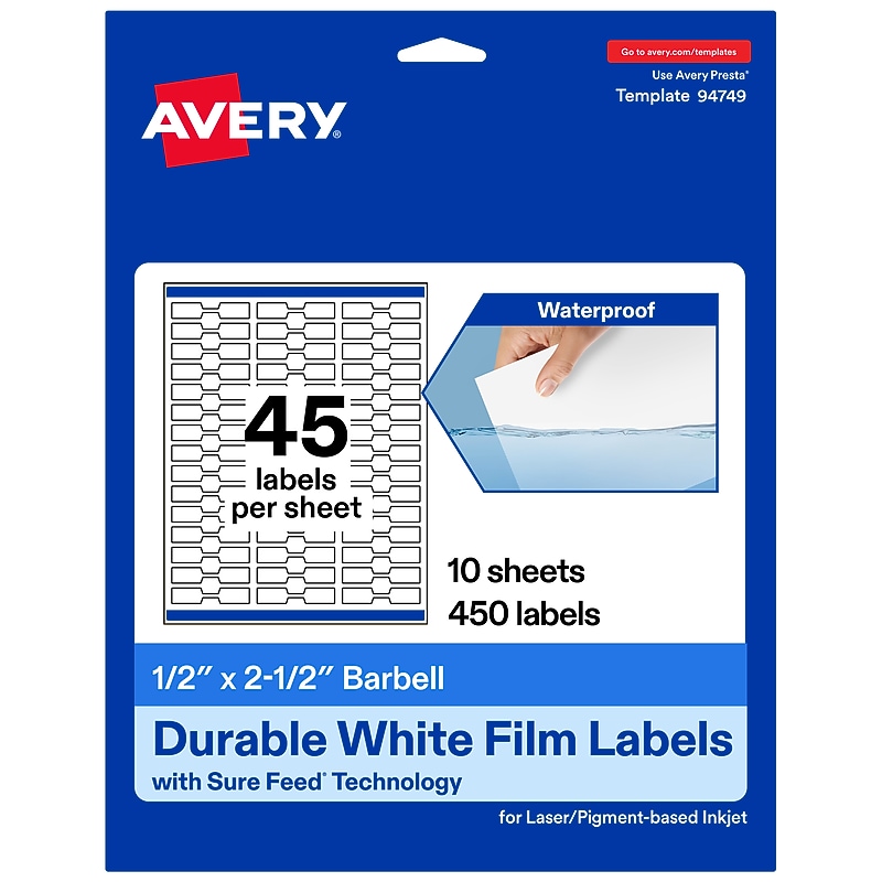 Avery Barbell Laser/Inkjet Multipurpose Labels, 0.5" x 2.5", White, 450 Labels/Pack (94749) image 1