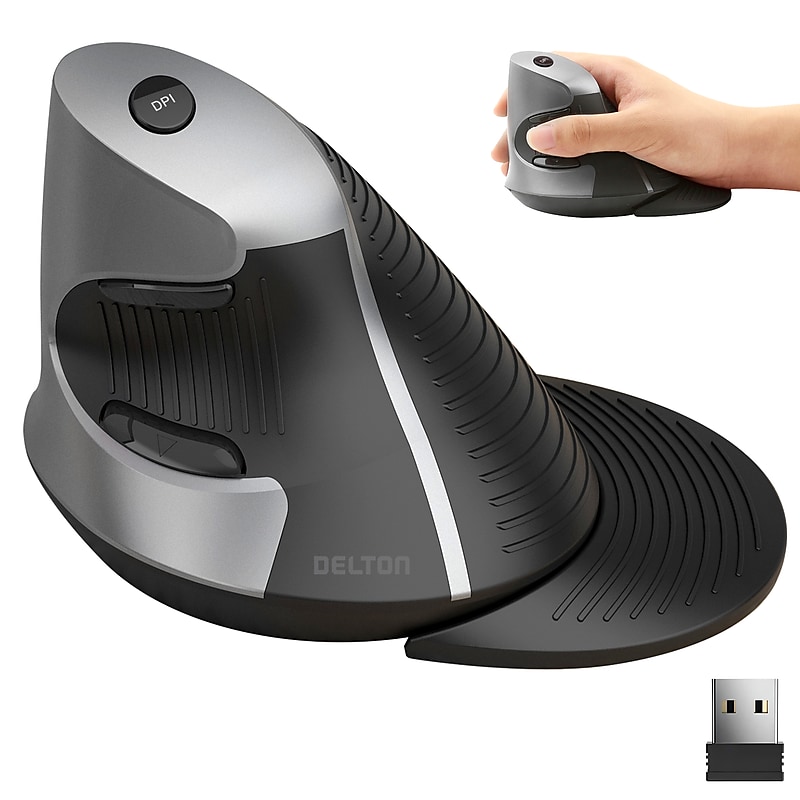 Delton S22 Wireless Ergonomic Vertical Optical Mouse, Gray/Black (DMERGS22-WB) image 1