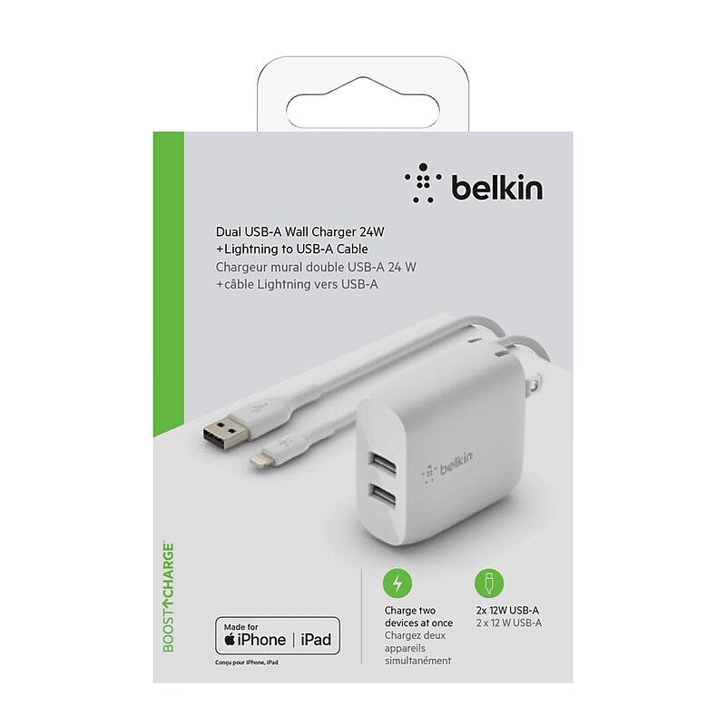Belkin BOOST CHARGE USB-A Wall Charger with Cable, 24W, White (WCD001DQ1MWH) image 1