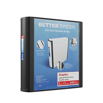 Staples Heavy Duty 2" 3-Ring Better Binder, D-Ring, Black (55871-CC/13393-CC)