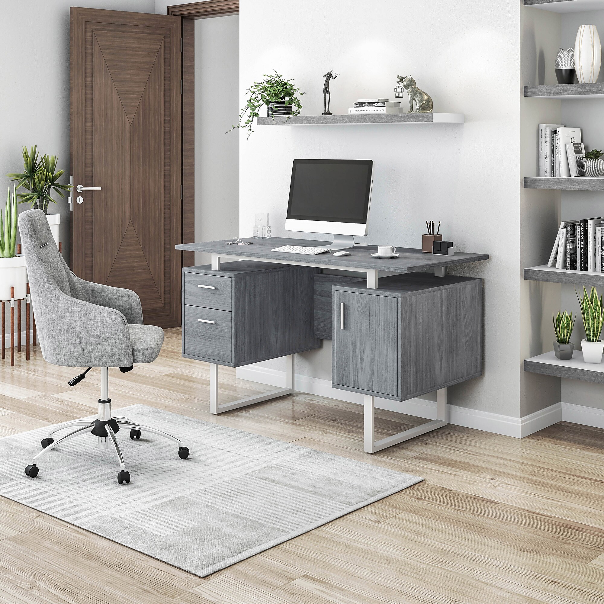 Techni Mobili 51.25″W Modern Office Desk with Storage, Gray (RTA-7002-GRY) Sansujyuku sansujyuku.com