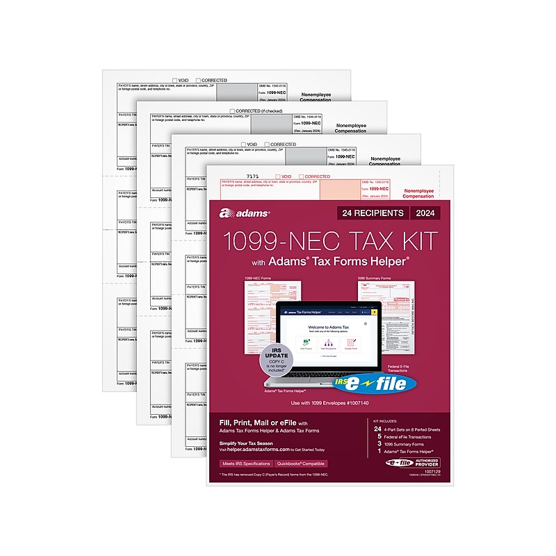Adams 2024 1099-NEC Tax Form with e-files and Access to Adams Tax Forms Helper, 4-Part, 3-Up, Copy A, 1, B, 2, 24/Pack image 1