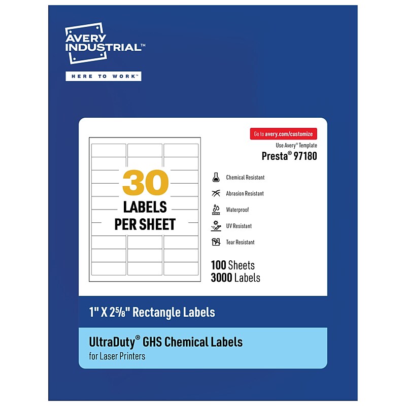 Avery UltraDuty Laser Rectangle Multipurpose Labels, 1" x 2-5/8", White, 3000 Labels/Box ( 97180) image 1