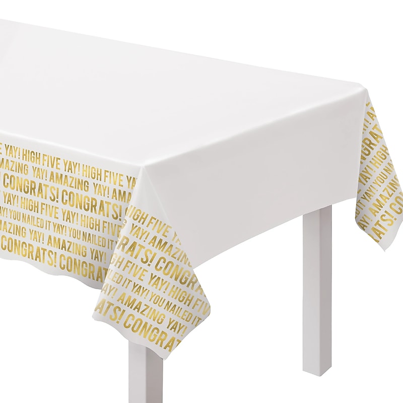 Party City Congratulations 102" x  54" Plastic Table Cover, White/Gold (AM570395-ST) image 1