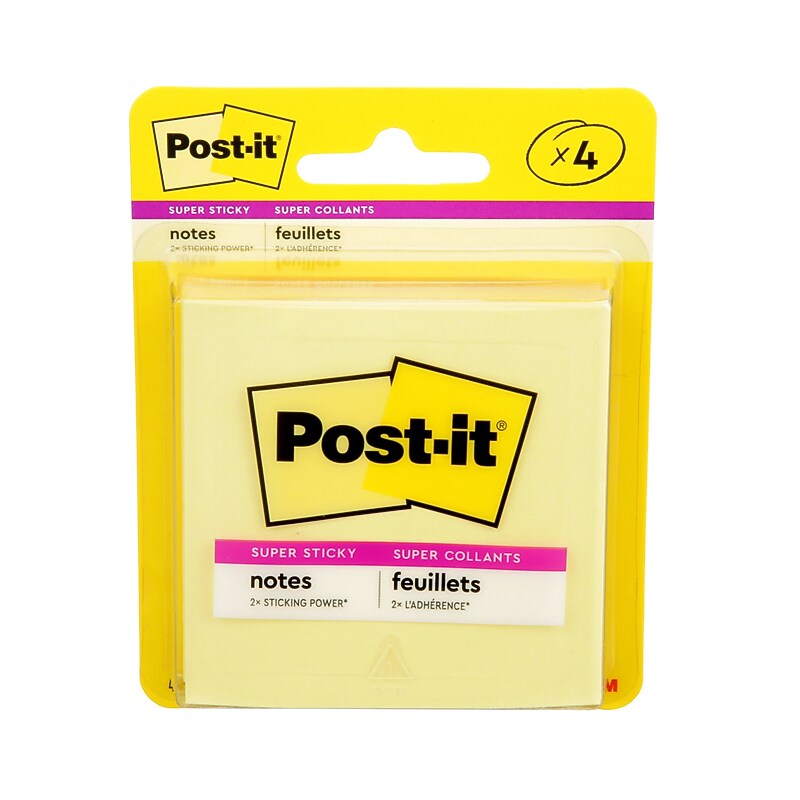 Post-it Super Sticky Notes, 3" x 3", Canary Yellow, 4 Pads/Pack, 45 Sheets/Pad (3321-4SSCY) image 1