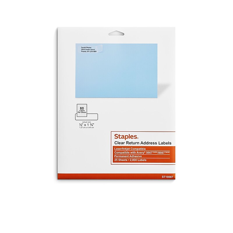 Staples Laser/Inkjet Address Labels, 1/2" x 1 3/4", Clear, 80 Labels/Sheet, 25 Sheets/Pack, 2000 Labels/Box (ST18087/18087) image 1