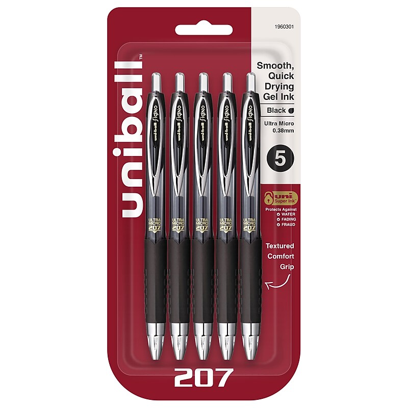 uni-ball 207 Retractable Gel Pen, Super Fine Point, 0.38mm, Black Ink, 5/Pack (1960301) image 1