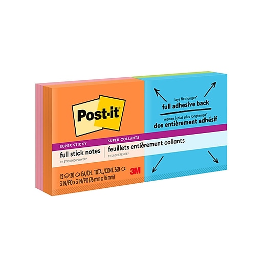 Post-it® Notes Super Sticky Full Adhesive Notes, 180 Total Notes, Pack Of 6  Pads, 3 x 3, Energy Boost Colors, 30 Notes Per Pad