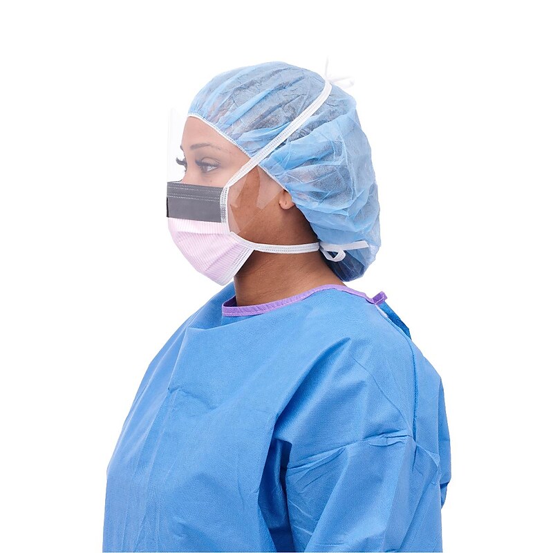 Medline Disposabe ASTM Level 3 Surgical Face Masks with Eyeshield and Ties, Purple/ White, 100/Pack (NON27710) image 1