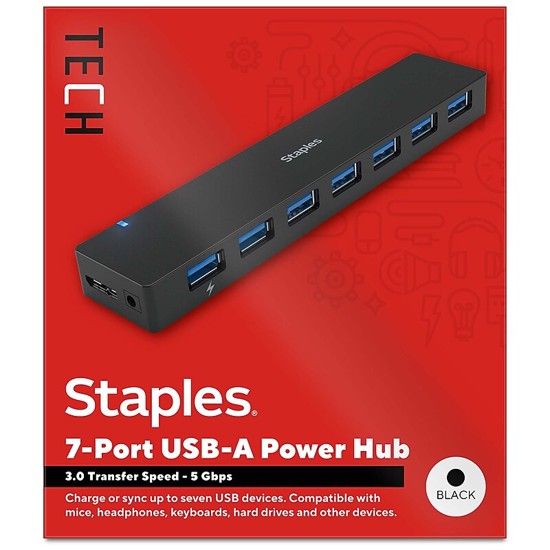 Staples TECH 7-Port USB 3.0 Hub, Black (ST62371) image 1