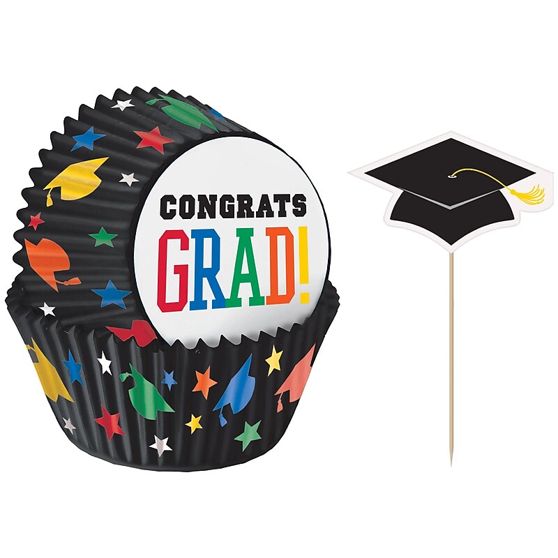 Party City Congrats Grad Paper Baking Cups & Cupcake Picks, Multicolored, 48/Pack (AM140307-PC) image 1