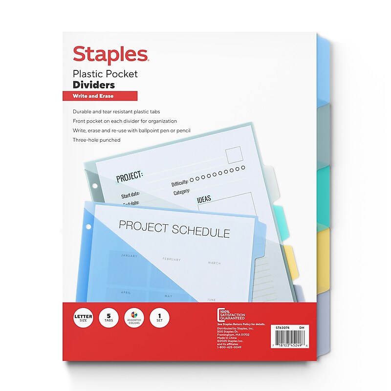 Staples Write & Erase Plastic Dividers with Pockets, Multicolor, 5-Tabs (ST63074) image 1