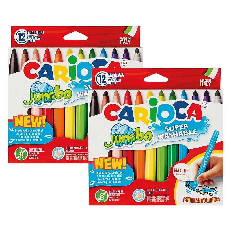 CARIOCA Jumbo Washable Kids Markers, Maxi Tip, Assorted Colors, 12/Pack, 2/Bundle (CRA40569-2) image 1