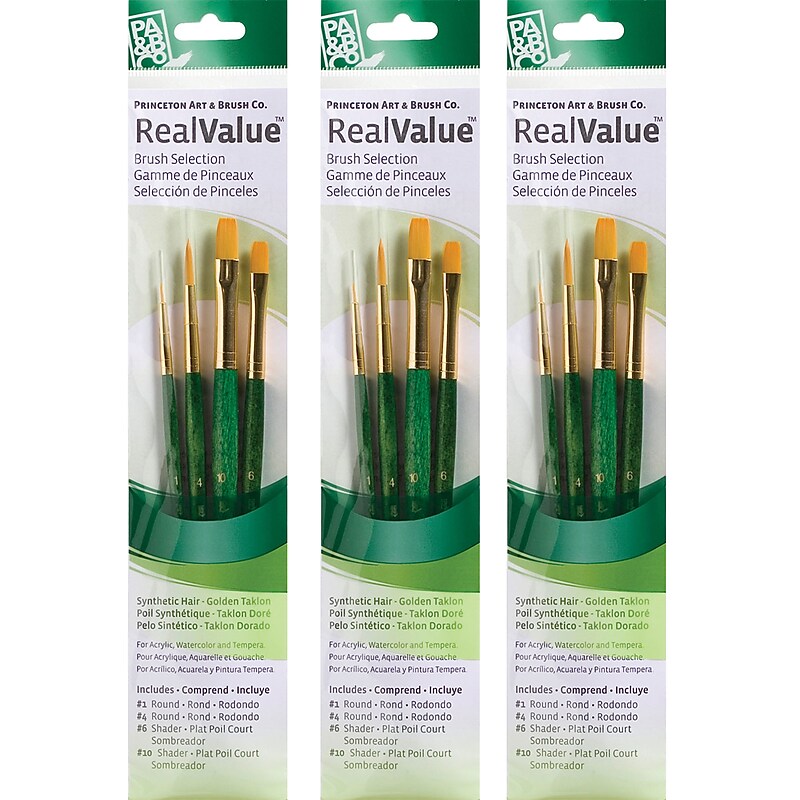 Princeton RealValue Mixed Media Synthetic Taklon Variety Brush Set, Green, 4/Set, 3 Sets/Bundle (PBXPR9116-3) image 1