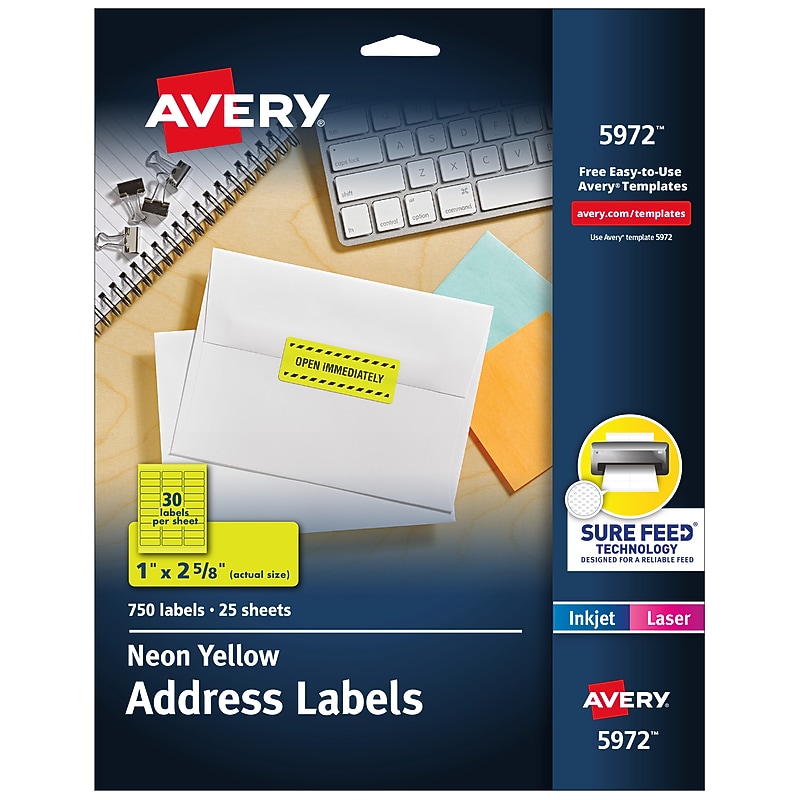 Avery Sure Feed Laser Address Labels, 1" x 2 5/8", Neon Yellow, 750 Labels/Pack (5972) image 1