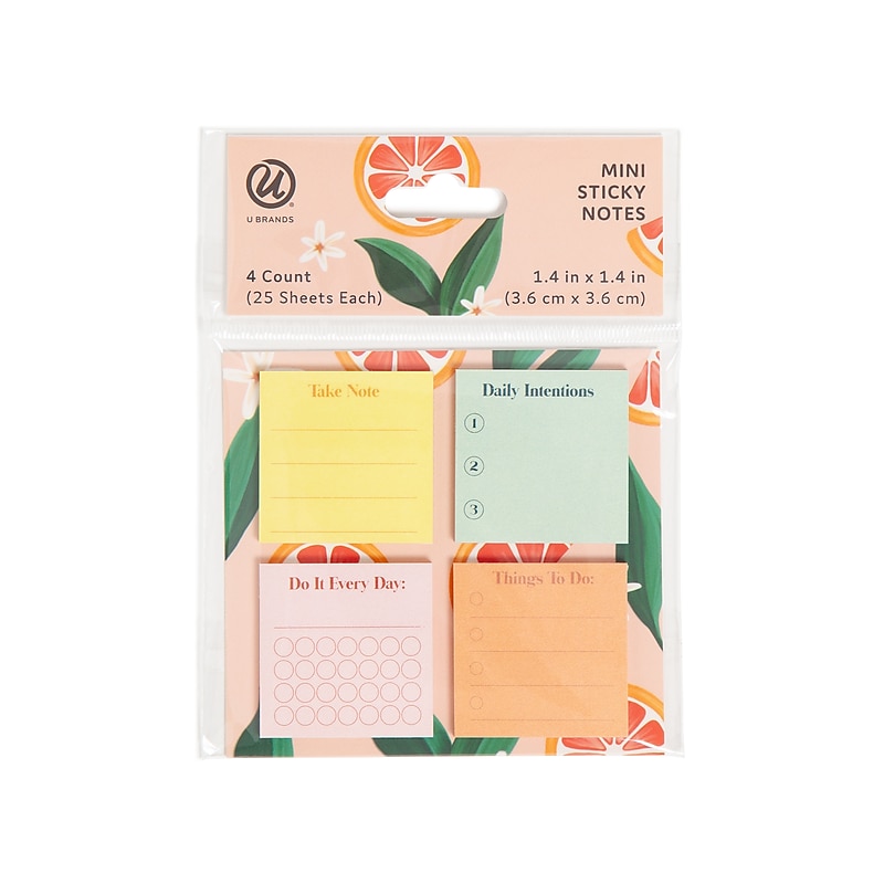 U Brands Mini Super Sticky Notes, 1.4" x 1.4", Painted Fruits, 25 Sheets/Pad, 4/Pads (7041U12-48) image 1