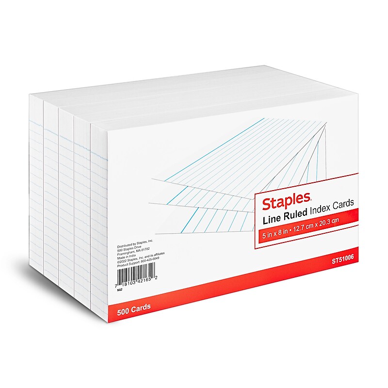 Staples 5" x 8" Index Cards, Lined, White, 500/Pack (TR51006) image 1