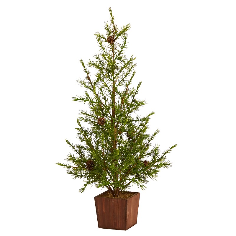 Nearly Natural Alpine Natural Look Artificial Christmas Tree in Wood Planter, 28" (T1505) image 1
