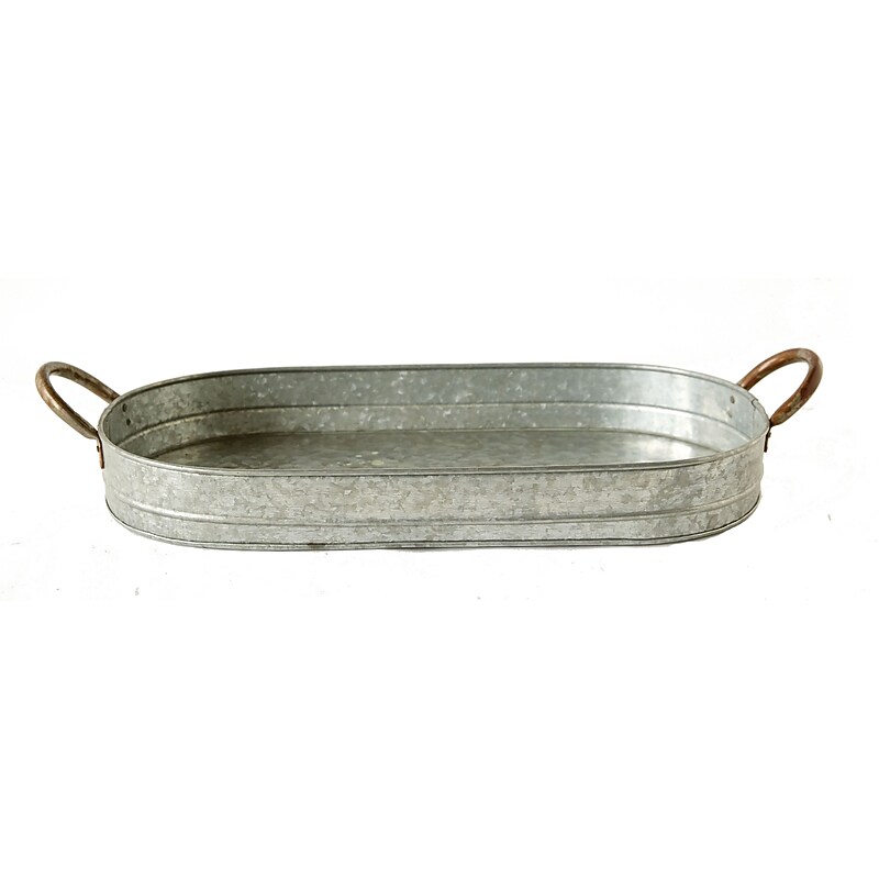 Storied Home Oval Galvanized Metal Tray with Handles, Silver (DA6583) image 1
