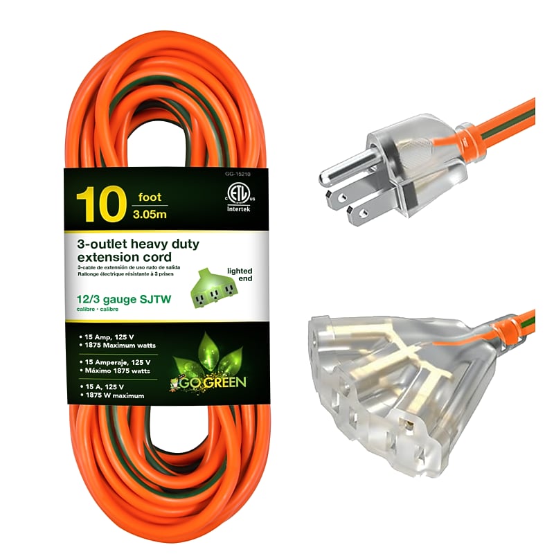 GoGreen Power Heavy Duty Extension Cord, Lighted End, Orange (GG-15210) image 1