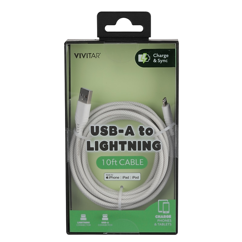 Vivitar USB-A to Lightning Charging Cable, 10 ft., White (STP5101-WHT-T35-12) image 1