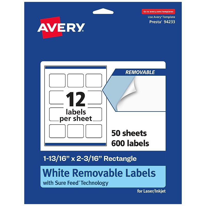 Avery Laser/Inkjet Rectangle Multipurpose Labels, 1-13/16" x 2-3/16", White, 600 Labels/Box (94233) image 1