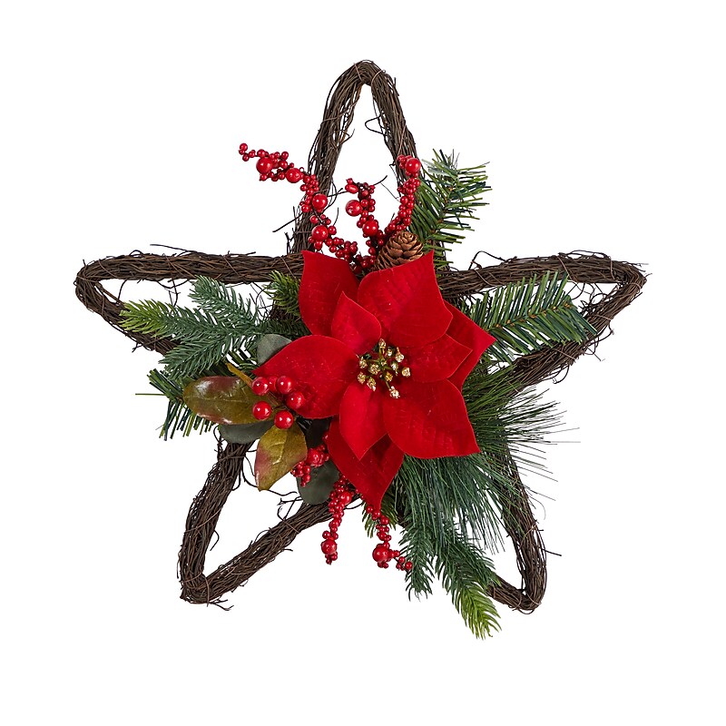 Nearly Natural Holiday Christmas Poinsettia Star Twig Wreath, 16" (W1319) image 1