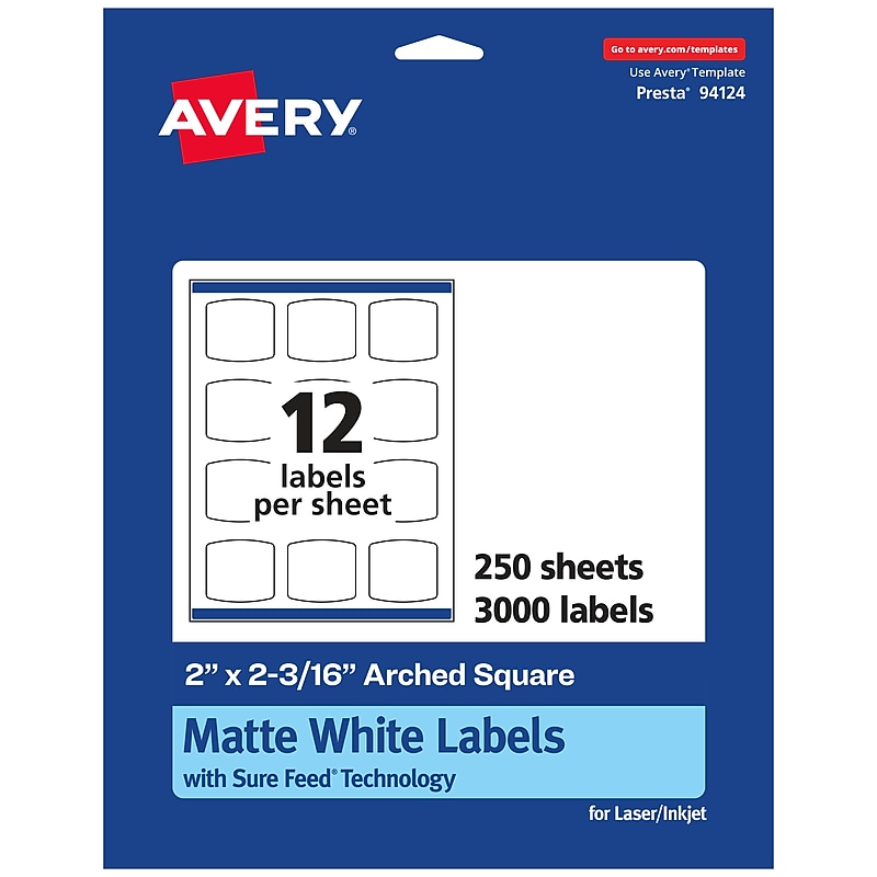 Avery Laser/Inkjet Square Multipurpose Labels, 2" x 2.1875", White, 3000 Labels/Box (94124) image 1