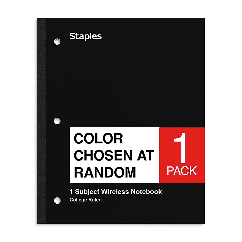 Staples® 1-Subject Notebook, 8.5" x 11", College Ruled, 80 Sheets, Color chosen at random (27628/54896) image 1