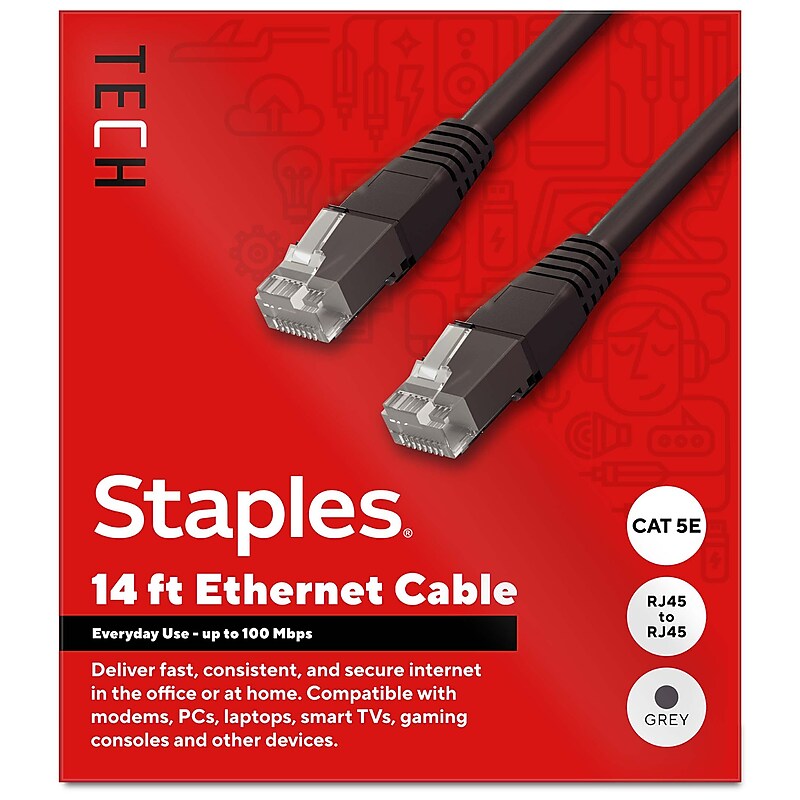 Staples TECH 14 ft. Cat 5E Ethernet Cable, Male to Male, Gray (ST62449) image 1