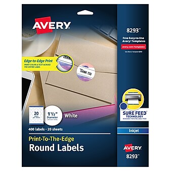 Avery Sure Feed Inkjet Round Labels, 1-1/2" Diameter, White, 20 Labels/Sheet, 20 Sheets/Pack, 400 Labels/Pack (8293)