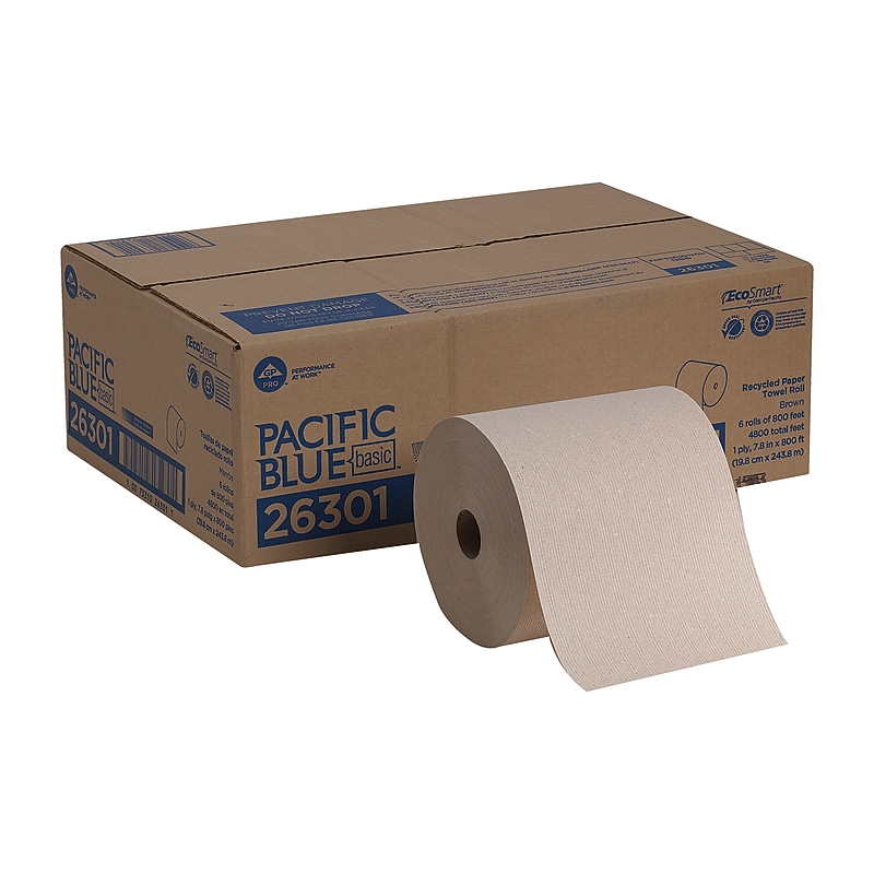 Pacific Blue Basic Recycled Hardwound Paper Towels, 1-ply, 800 ft./Roll, 6 Rolls/Carton (26301) image 1