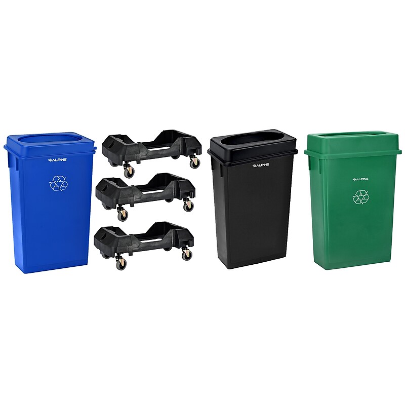 Alpine Industries Polypropylene Trash Can with Dolly, 23 Gallon, Assorted Colors, 3/Pack (477-PKD1) image 1