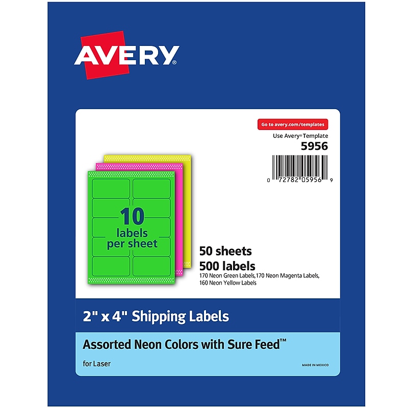 Avery Sure Feed Laser Shipping Labels, 2"x 4", Assorted Neon, 500 Labels/Box (5956) image 1