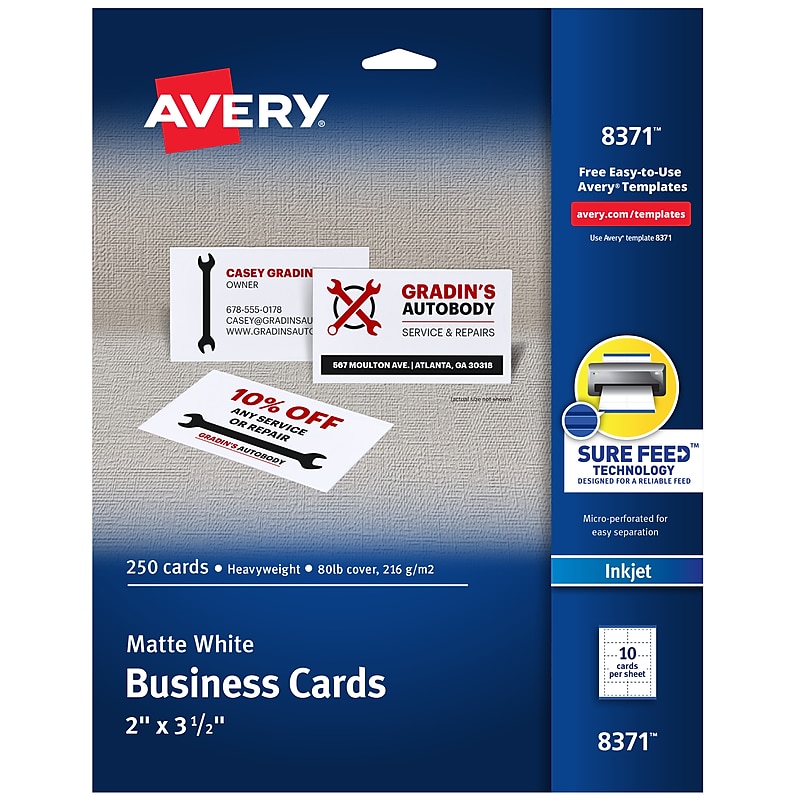 Avery Microperforated Business Cards, 2" x 3 1/2", Matte White, 250 Per Pack (8371) image 1