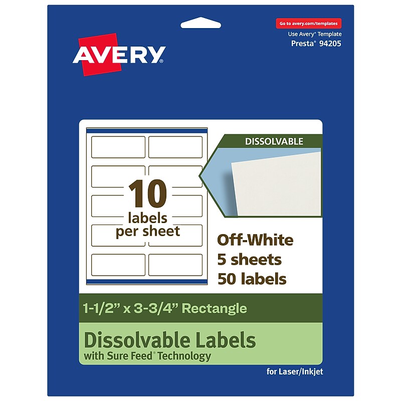 Avery Dissolvable Rectangle Multipurpose Labels, 1.5" x 3.75", Off-white, 50/Pack (94205) image 1