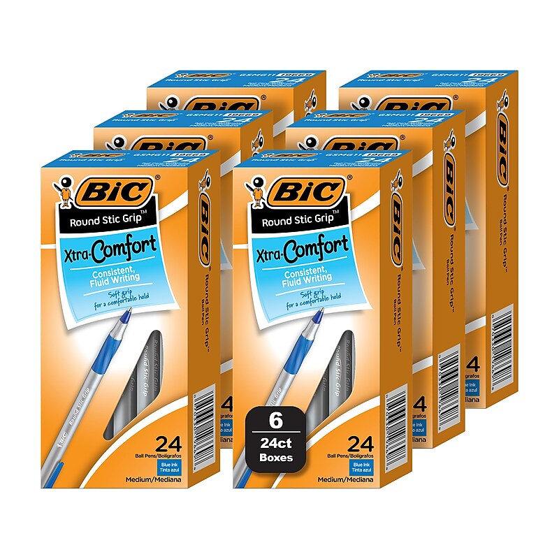 BIC Round Stic Grip Xtra Comfort Ballpoint Pen, Medium Point, 1.0mm, Blue Ink, 24/Box, 6 Boxes/Pack (GSMG144E-BLU) image 1