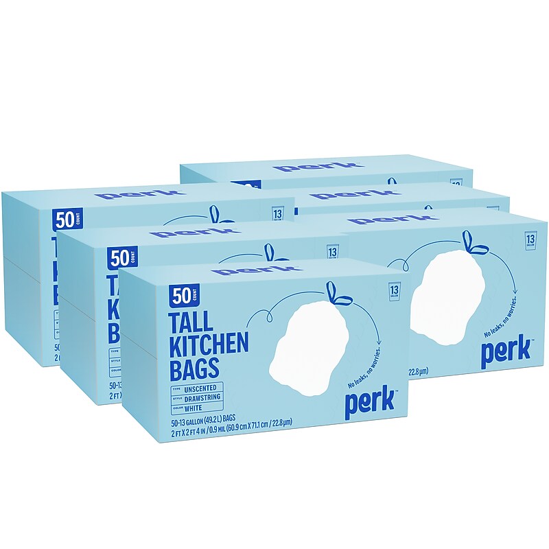 Perk™ 13 Gallon Kitchen Trash Bag, 28" x 24", Low Density, 0.9 mil, White, 50 Bags/Box, 6 Boxes/Carton (PK56745CT) image 1